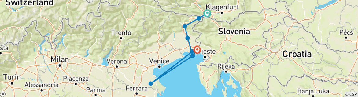 Carte du circuit Piste cyclable Alpe-Adria Villach - Trieste 8 jours (8 jours)