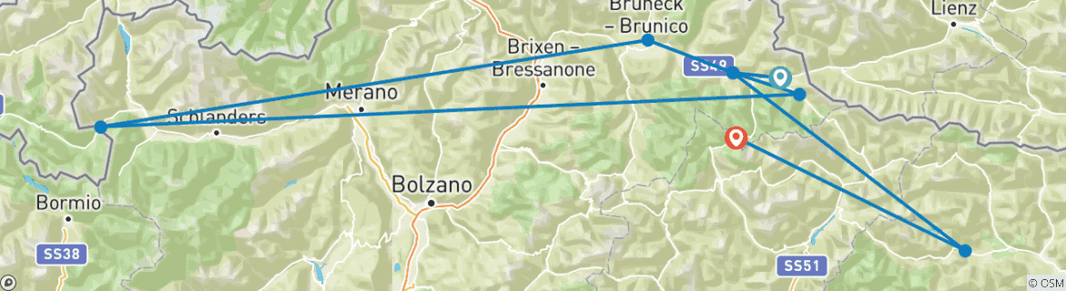 Image of a map showing the route of the tour