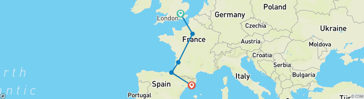 Carte du circuit London to Barcelona Quest (Standard, Winter (jusqu'à Mar '27), Start Paris, Classic)