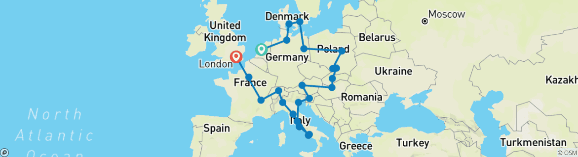 Kaart van Vergezichten van Europa - Winter - vanuit Amsterdam - 28 dagen