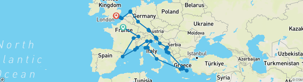 Carte du circuit Aventurier européen (Start Paris)