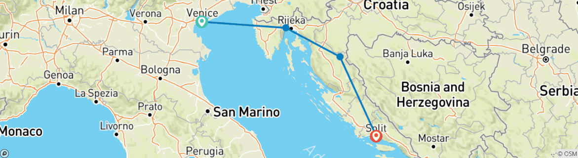 Map of Venice to Split - 4 Days