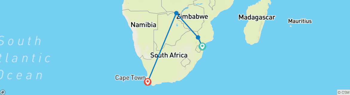 Carte du circuit Kruger et chutes Victoria 6 jours 5 nuits