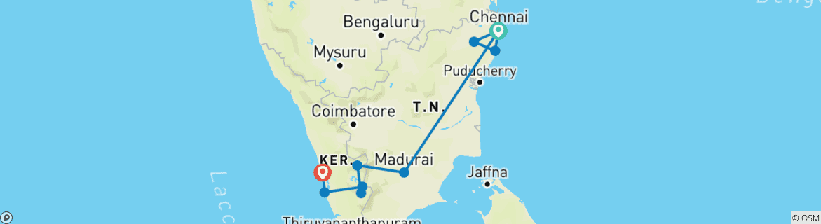 Karte von Tamil Nadu mit Kerala Rundreise