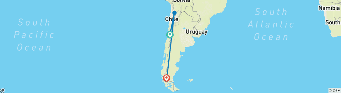 Carte du circuit Santiago du Chili, désert d'Atacama et Torres del Paine