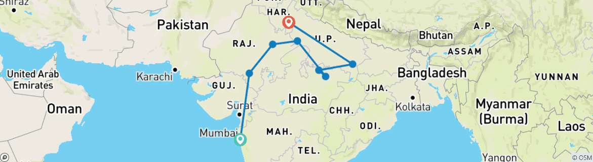 Karte von Tajmahal & Wunder des Nordens : Mumbai | Udaipur | Jaipur | Agra | Panna | Khajuraho | Varanasi | Delhi (Maßgeschneiderte Luxusreise)