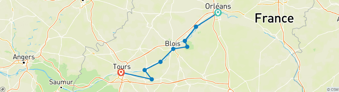 Kaart van De kastelen van de Loire korte vakantie - Hoogtepunten van Orléans naar Tours (6 dagen)