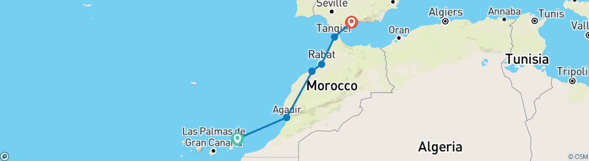 Carte du circuit Des villes impériales du Maroc aux plaines andalouses, d'Arrecife à Malaga. Magnifique art mudéjar (forfait port à port)