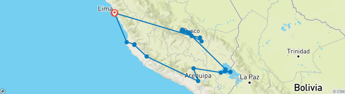 Map of South Peru: Backpacker Special - 18 Days