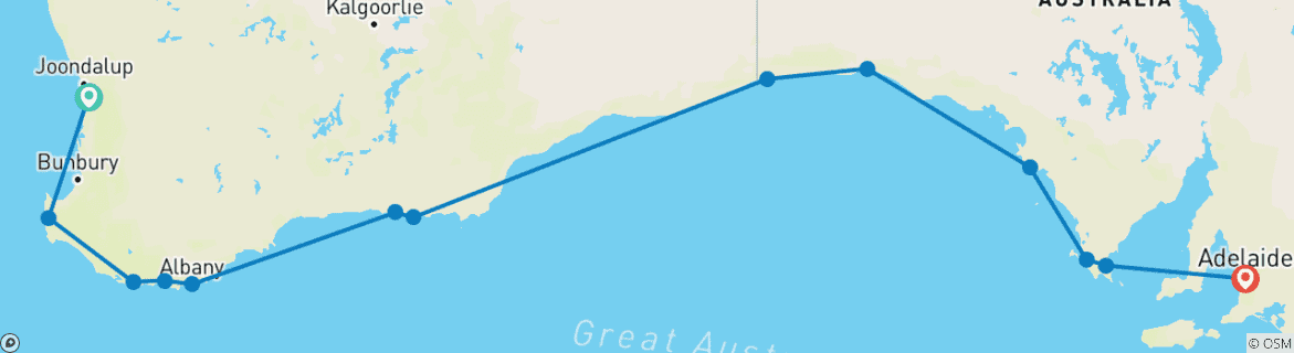 Map of 10-Day Perth to Adelaide Private Tour