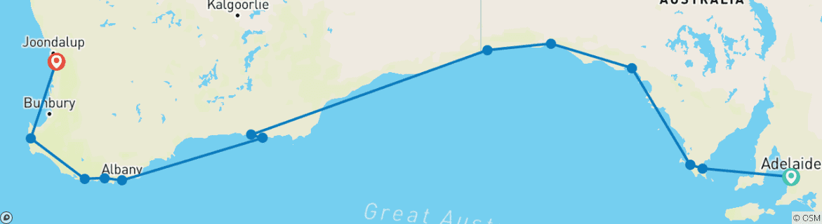 Map of 10-Day Adelaide to Perth Private Tour