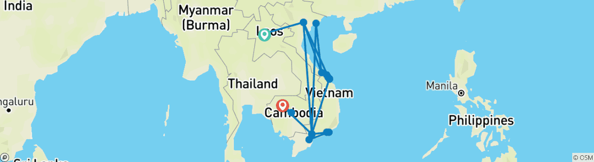 Karte von Die drei Perlen des Mekong- Vietnam, Laos & Kambodscha mit Badeurlaub an Vietnams Traumstränden 25 Tage (inkl Flug) (21 Destinationen)