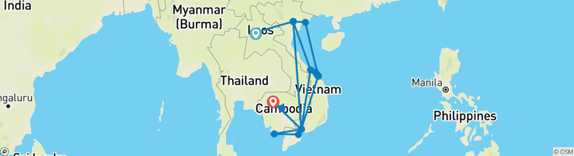 Karte von Die drei Perlen des Mekong- Vietnam, Laos & Kambodscha mit Badeurlaub an Vietnams Traumstränden 25 Tage (inkl Flug) (20 Destinationen)