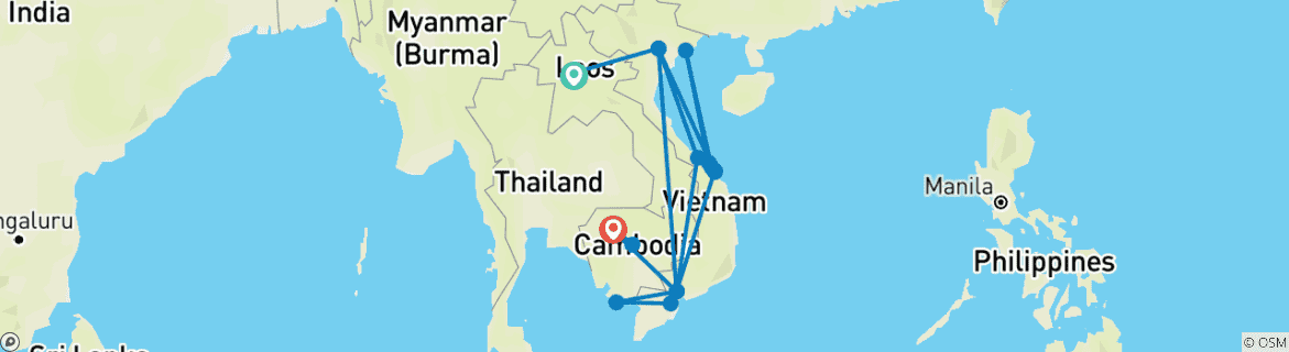 Karte von Indochina intensiv mit Badeurlaub in Phan Thiet/Mui Ne oder auf Phu Quoc 25 Tage (inkl Flug) (20 Destinationen)