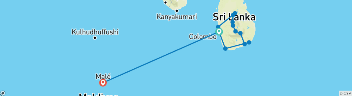 Map of Private Sri Lanka Highlights with Beach Vacation in Kalutara or the Maldives (incl. Flight) (from Colombo to Male)