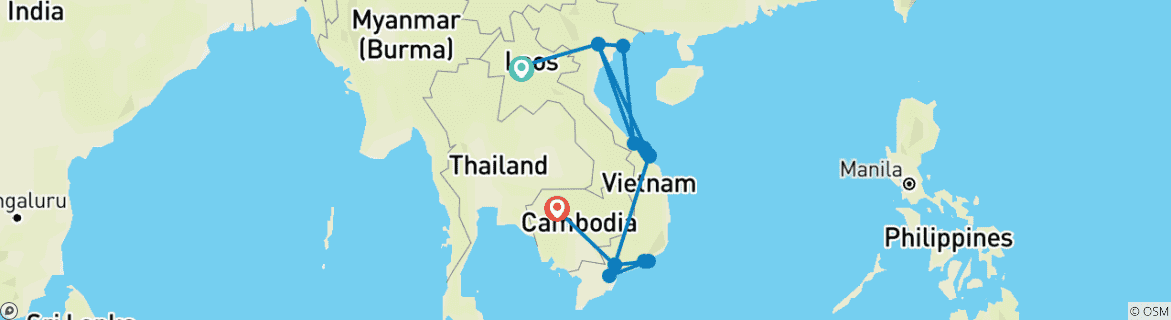 Map of Private tour Indochina intensive with beach vacation in Phan Thiet/Mui Ne or on Phu Quoc 25 days (incl. flight) (including Mui Ne)