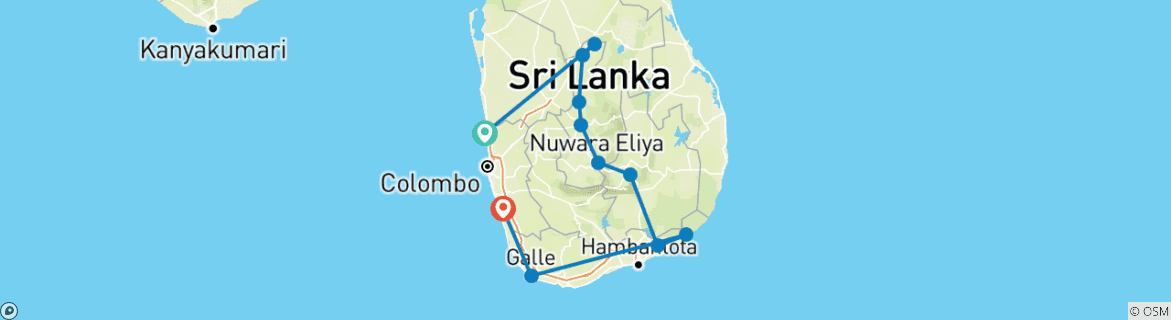 Map of Classic Sri Lanka Round Trip with Beach Vacation on the Southwest Coast or in the Maldives (from Negombo to Kalutara)