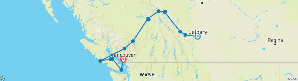 Carte du circuit Les Rocheuses canadiennes – Parcs nationaux vers l'ouest