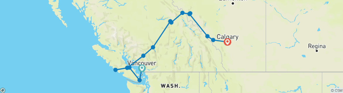 Carte du circuit Les Rocheuses canadiennes – Parcs nationaux vers l'est