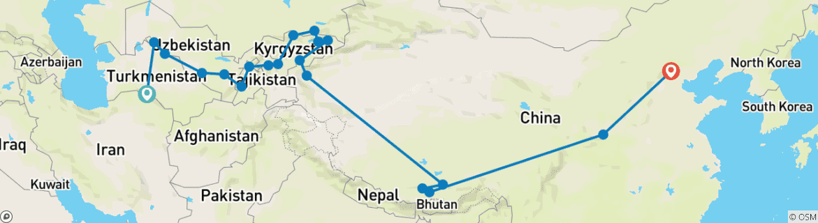 Map of Ashgabat To Beijing (67 Days)