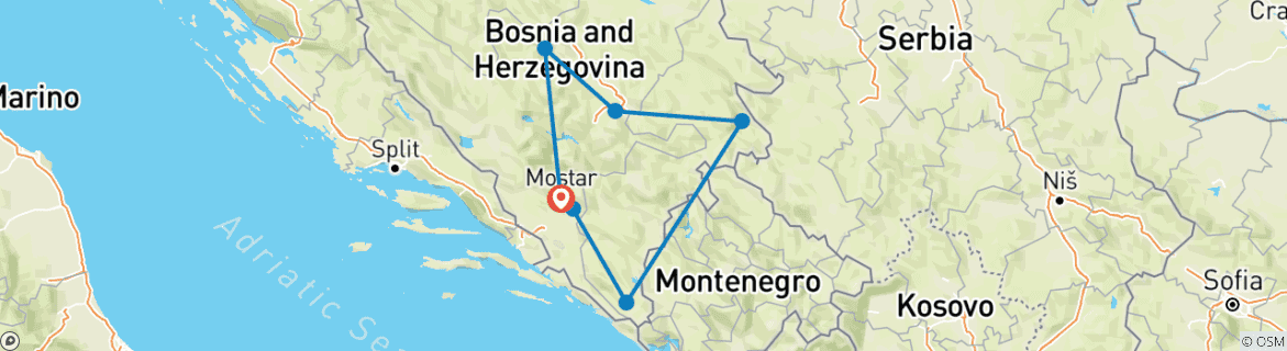 Carte du circuit Circuit découverte de la Bosnie en 4 jours au départ de Mostar. Visitez Blagaj, la grotte de Vjetrenica, Trebinje, le monastère de Tvrdos, Visegrad, Sarajevo, les pyramides de Bosnie, Travnik.