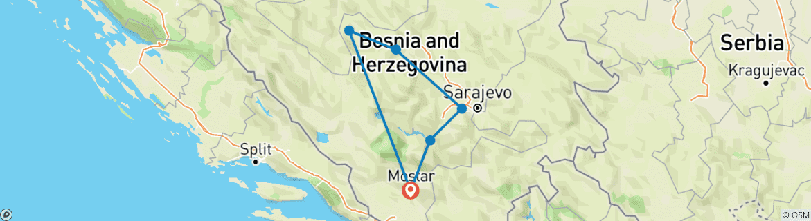 Map of All seasons 3 days Bosnia tour from Mostar to Sarajevo, Travnik and Jajce. Bosnia-Herzegovina mini-tour to visit the most important places.