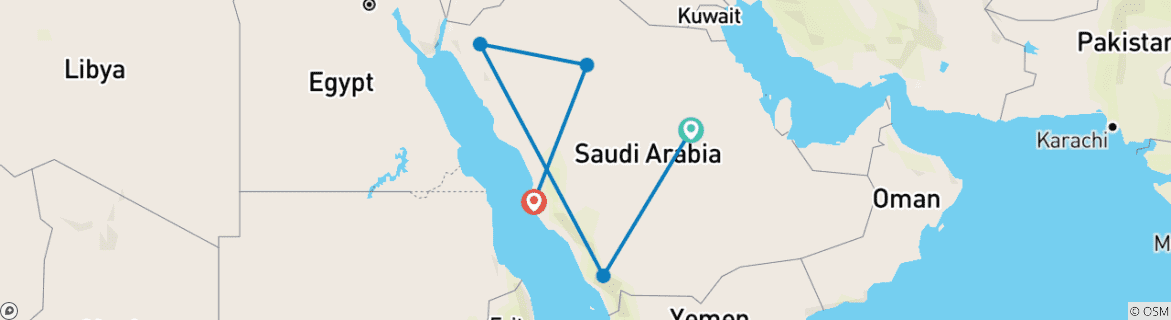 Map of Customized Saudi Arabia Adventure with Daily Departure & Private Guide