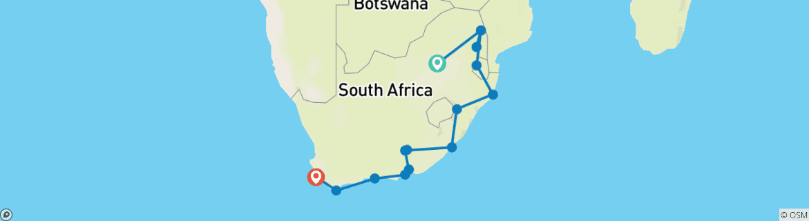 Map of 18 DAY - SOUTH AFRICAN ECO EXPLORER OVERLAND TOUR / ACCOMMODATED