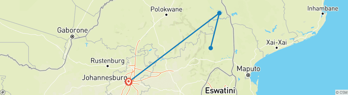 Carte du circuit 5 JOURS - KRUGER SAFARI OVERLAND TOUR / HÉBERGÉ