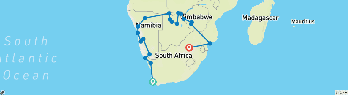 Mapa de 24 DÍAS - SUDÁFRICA POR TIERRA / ACOMODADA (Namibia, Botsuana, Zimbabue y Sudáfrica)