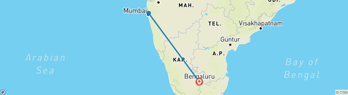 Mapa de Circuito guiado privado de lujo a Mumbai - desde Bangalore con vuelos: cuevas, paseos por el patrimonio, mercados de flores y mucho más