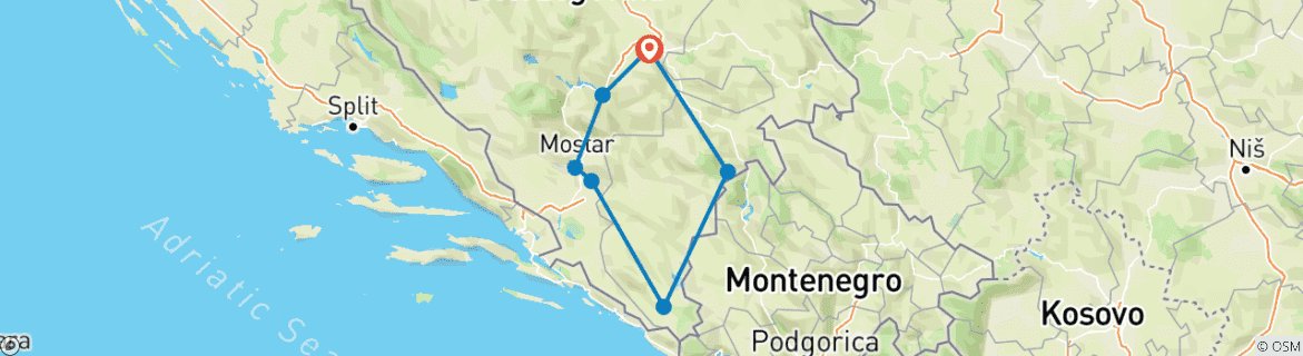 Image of a map showing the route of the tour