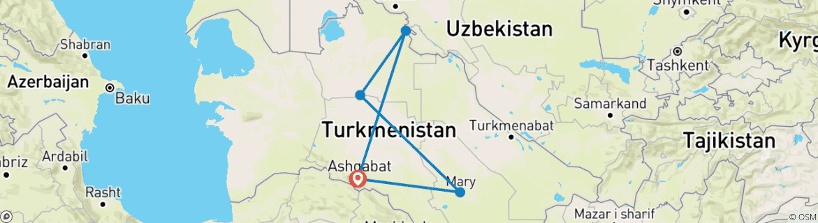 Map of Customized Private Turkmenistan Trip with Daily Departure