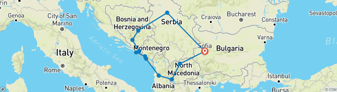 Image of a map showing the route of the tour