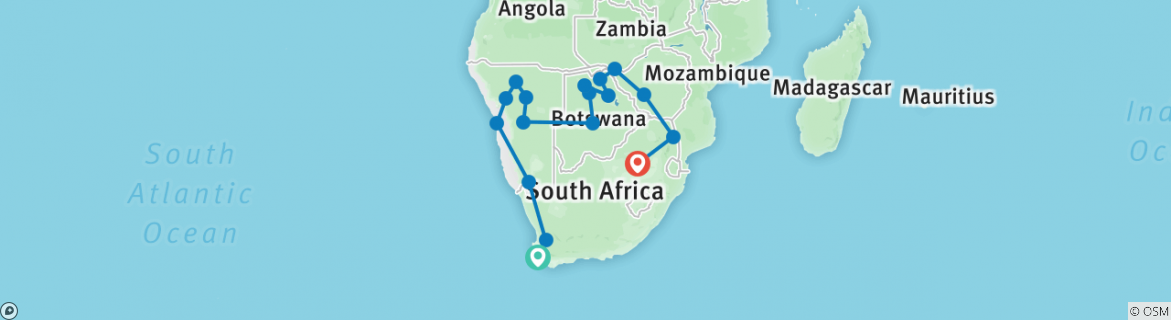 Karte von Erlebnisreise durch den Süden Afrikas – Kapstadt, Victoriafälle & Krüger-Nationalpark