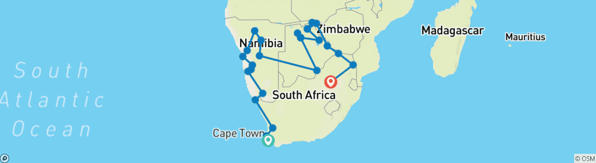 Carte du circuit Circuit découverte dans le sud de l'Afrique : Le Cap, les chutes Victoria et le parc national Kruger