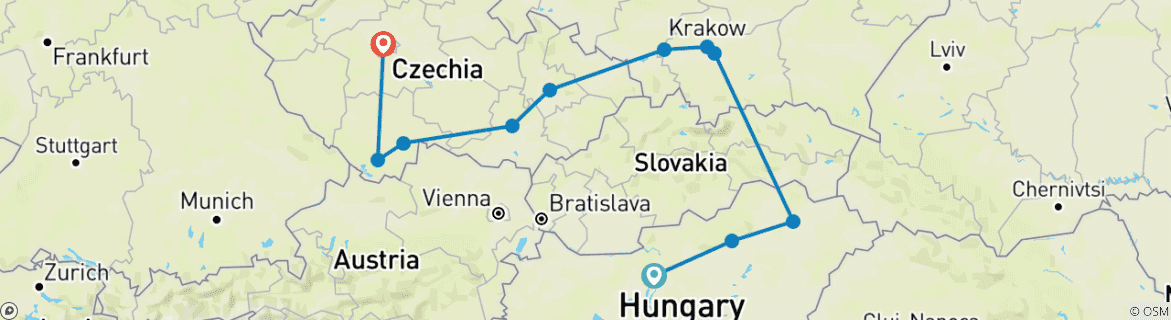 Image of a map showing the route of the tour