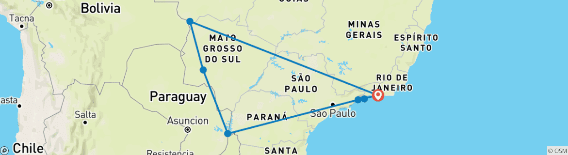 Carte du circuit Voyage sur mesure avec escorte au Brésil, départ quotidien et guide privé