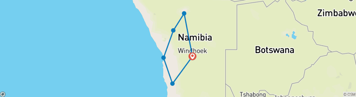 Map of 10-Day Kalahari Desert, Sossusvlei, Swakopmund & Etosha National Park Tour