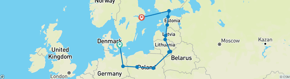 Image of a map showing the route of the tour