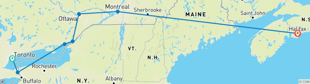 Carte du circuit Ontario et Canada français avec train océanique jusqu'à Halifax