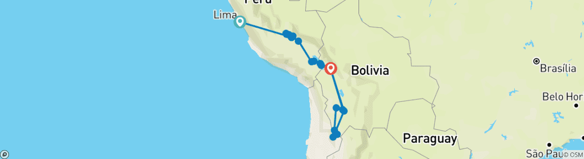 Kaart van Het beste van Peru & Bolivia Budget: Lima, Cusco, Heilige Vallei, Machupicchu, Regenboogberg, Humantay Meer of Moray & Zoutmijnen, Titicaca Meer, Copacabana, Zonne-eiland, Uyuni Zoutvlaktes & Alle Lagunes