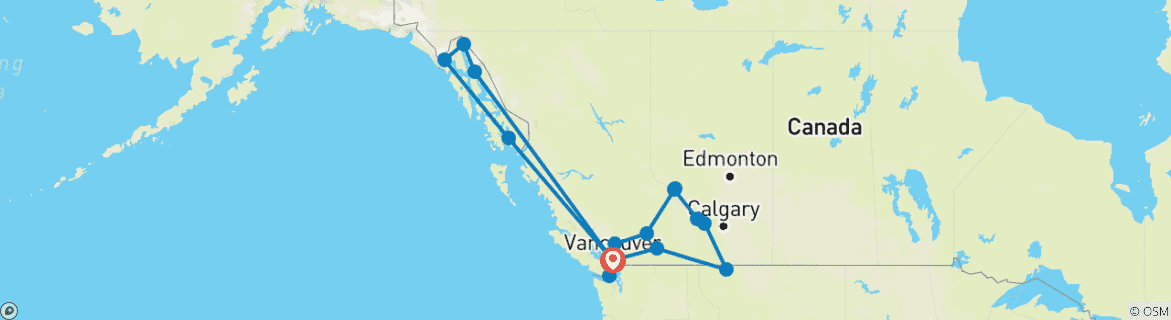 Mapa de grandes vacaciones en el oeste de Canadá con crucero por Alaska