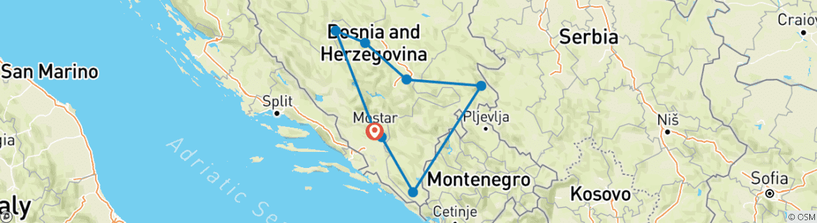 Map of All seasons Bosnia discovery 5 days tour from Mostar. Blagaj, Vjetrenica, Trebinje, Tvrdos, Visegrad, Sarajevo, Travnik, Jajce.