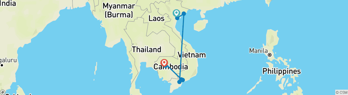 Karte von Das Erbe Vietnams und Kambodschas 10 Tage - Halong Bucht / Mekong Delta / Siem Reap