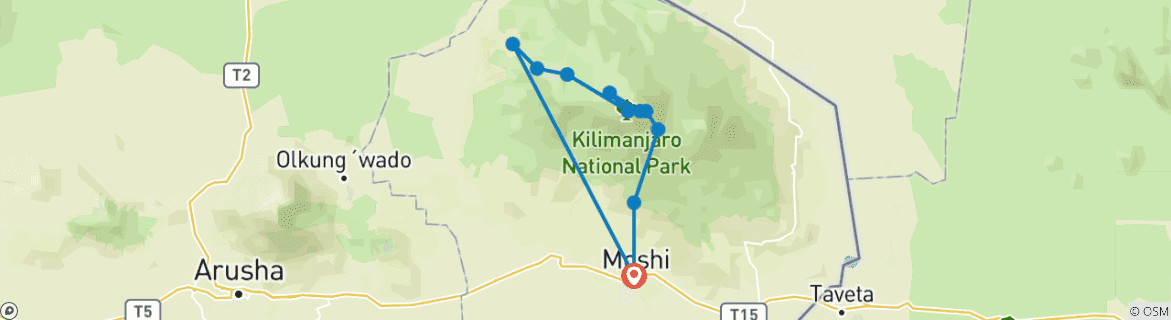 Mapa de Ruta de senderismo de 9 días por el Circuito Norte del Kilimanjaro