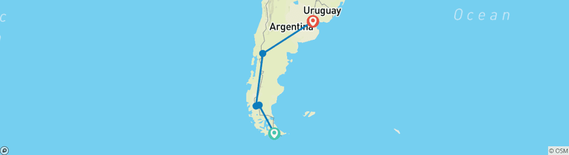 Map of Argentina - Ushuaia, Calafate, Bariloche & Buenos Aires or Viceversa - 14 days