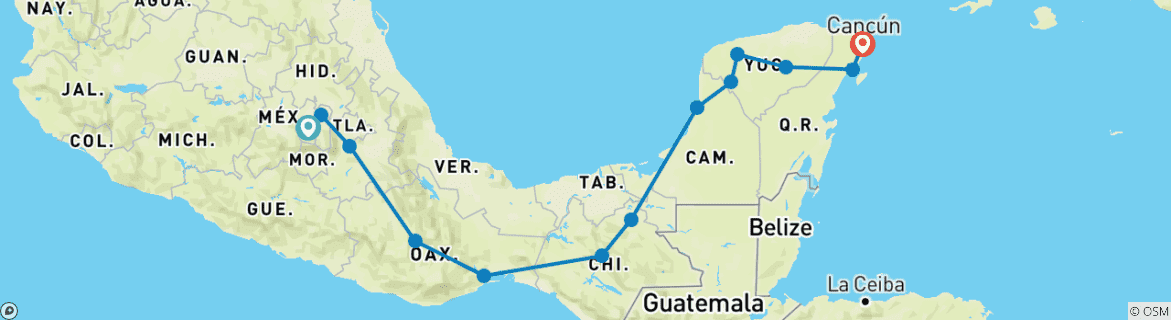 Map of 2 Weeks Tailor-Made Private Mexico Tours, Daily Start