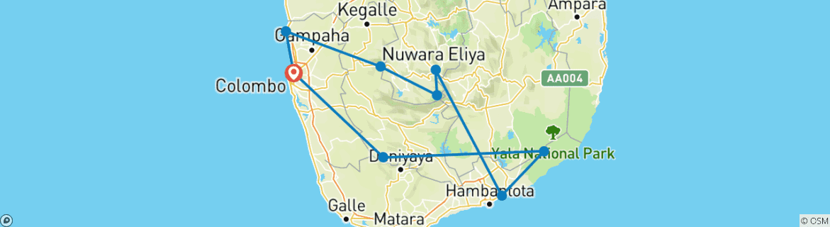 Carte du circuit Observation des oiseaux au Sri Lanka