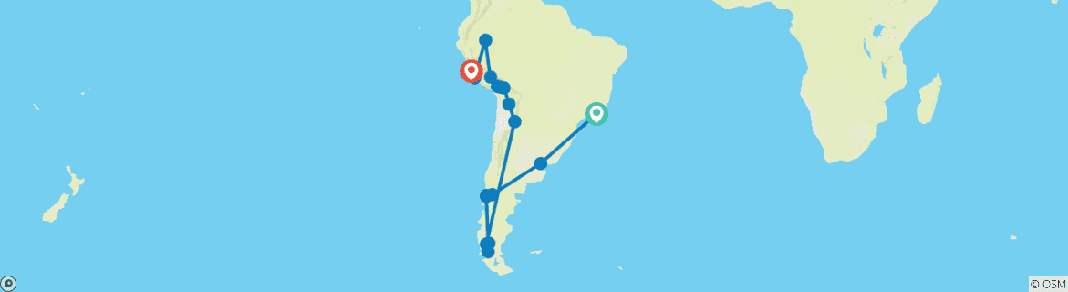 Karte von 33 Tage in Südamerika: Brasilien, Argentinien, Chile, Bolivien & Perú oder umgekehrt